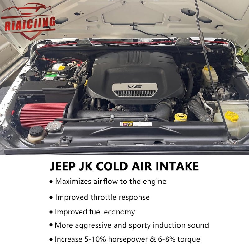 RiAiCiING مجموعة سحب الهواء البارد مع درع حراري تناسب 2012-2018 جيب رانجلر JK 3.6L V6، تزيد من القوة والعزم، صوت سحب أكثر عدوانية ورياضي - Image 4